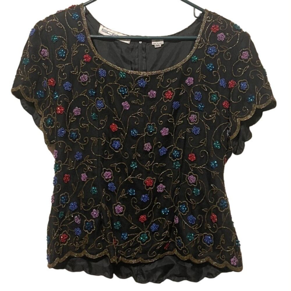 Vintage Scala Black Floral Beaded Sequin Silk Shirt Petite XL Short Sleeve